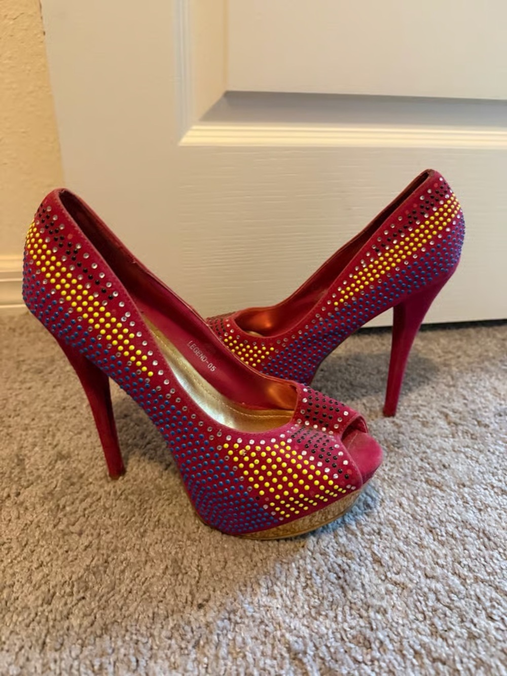 Women's Red Embellished Peep-Toe Heels